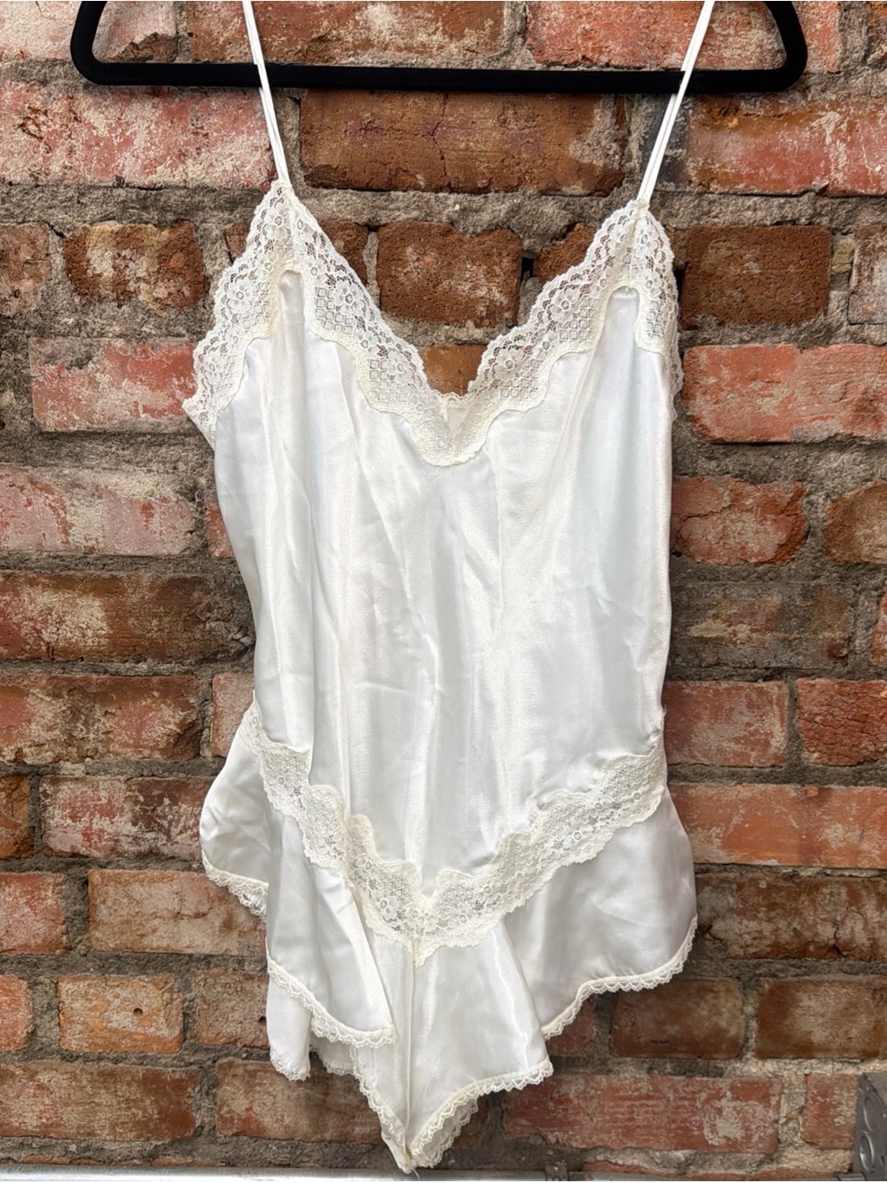 Women's White Lace Trim Satin Chemise Romper